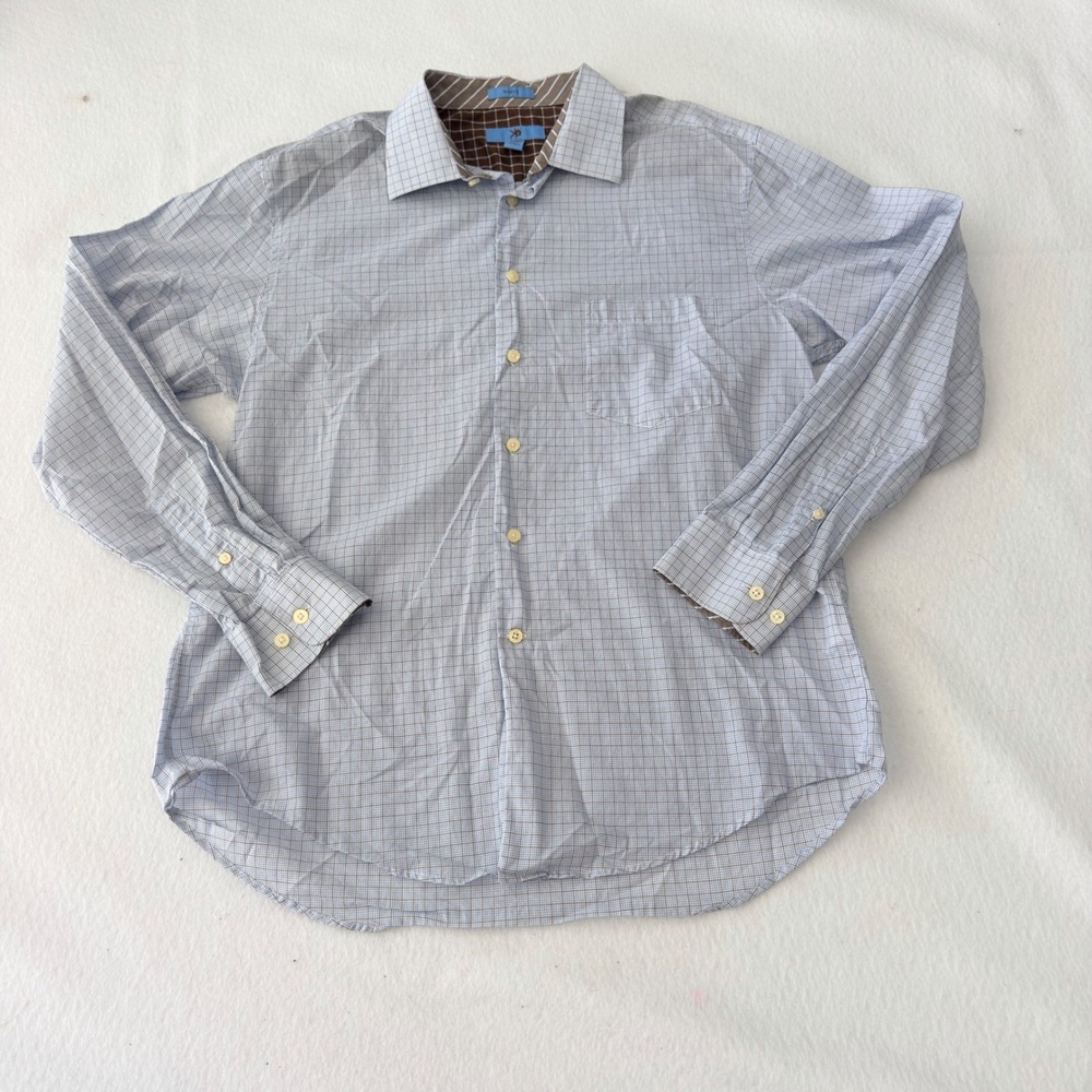 Egara Mens Slim Fit Button Down Shirt XL Blue Brown Grid Plaid 100% Cotton